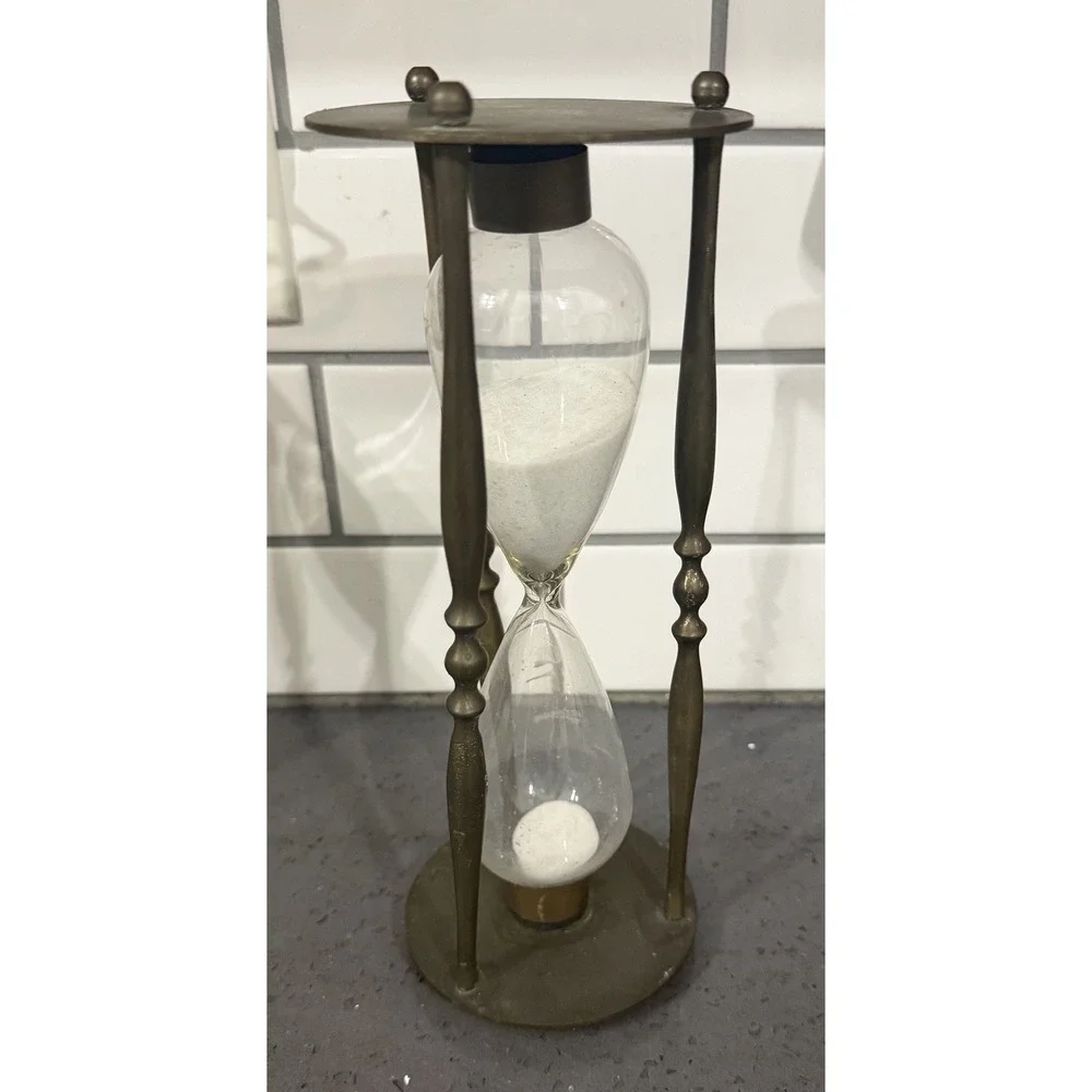 Vtg Brass & Glass Hourglass Sand Timer White Sand